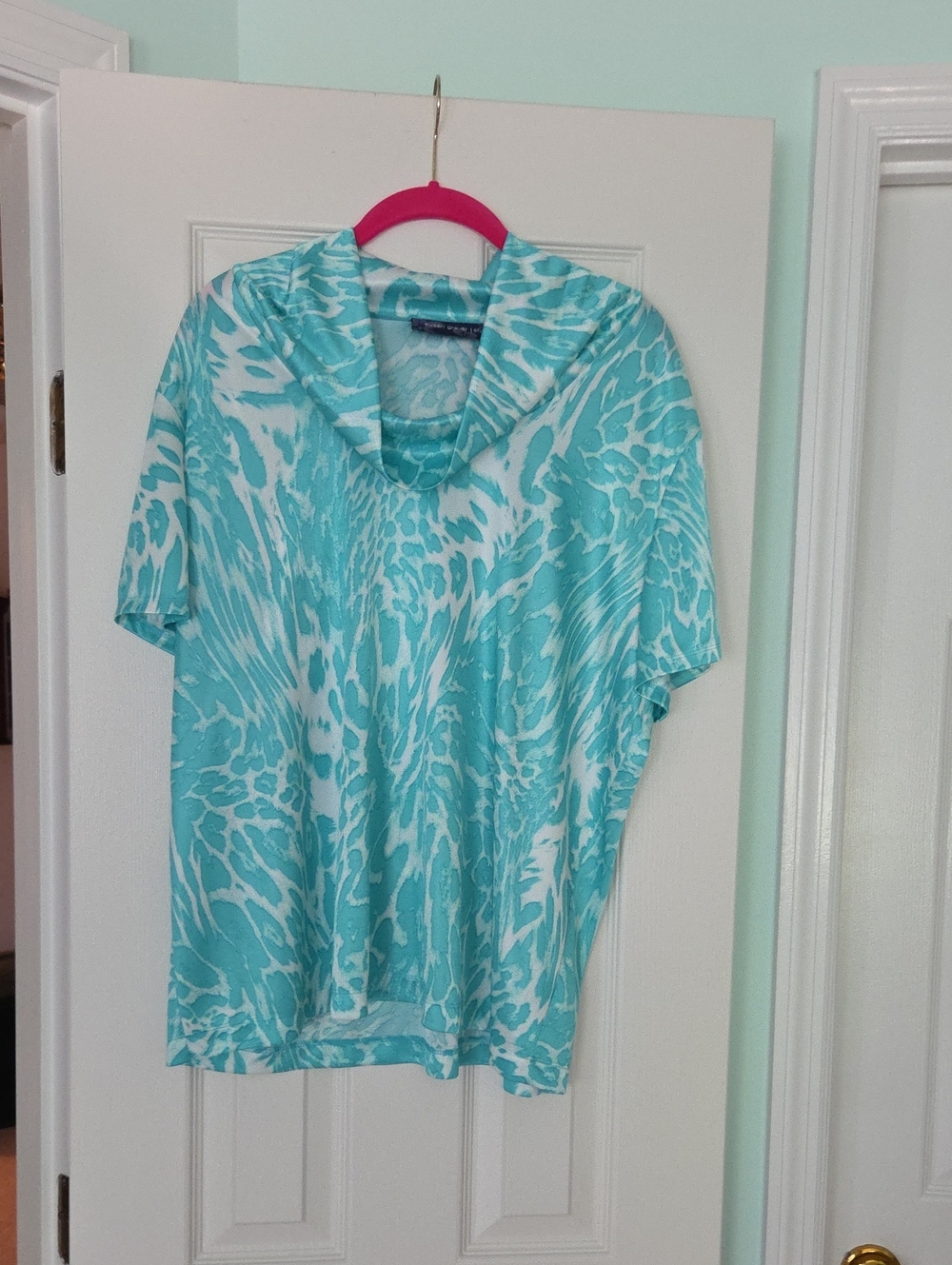 Susan Graver Aqua & White Printed Short-Sleeve Hooded Top